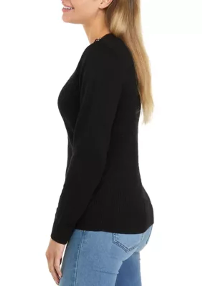 Petite Long Sleeve Cable Knit Crew Neck Sweater