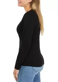 Petite Long Sleeve Cable Knit Crew Neck Sweater