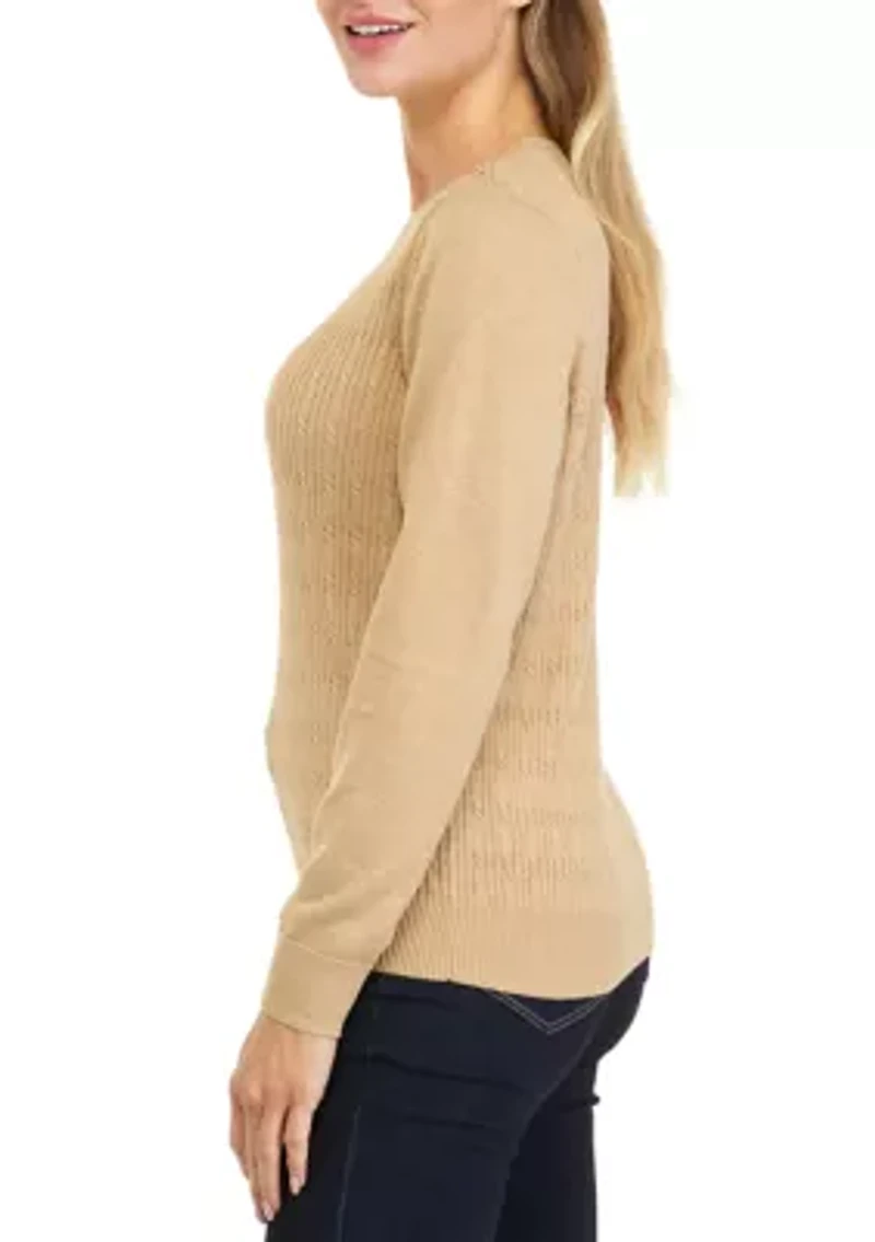 Petite Long Sleeve Cable Knit Crew Neck Sweater