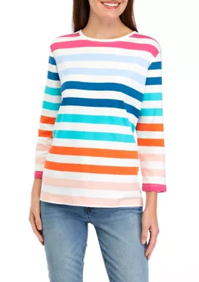 Petite 3/4 Sleeve Crew Neck Stripe Top