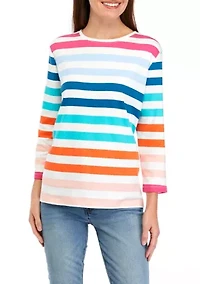 Petite 3/4 Sleeve Crew Neck Stripe Top