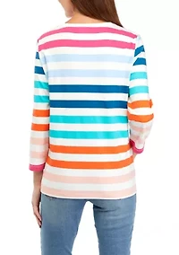 Petite 3/4 Sleeve Crew Neck Stripe Top