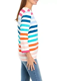 Petite 3/4 Sleeve Crew Neck Stripe Top