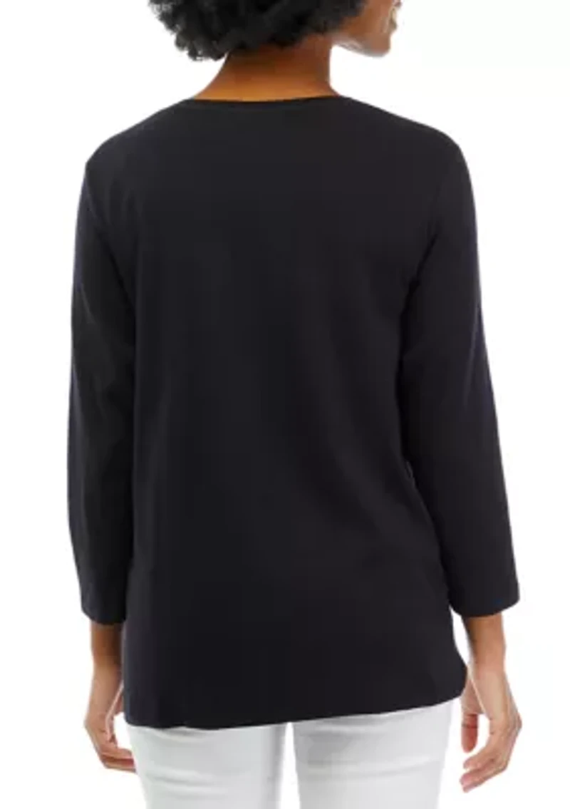 Petite 3/4 Sleeve Crew Neck Holiday Graphic T-Shirt