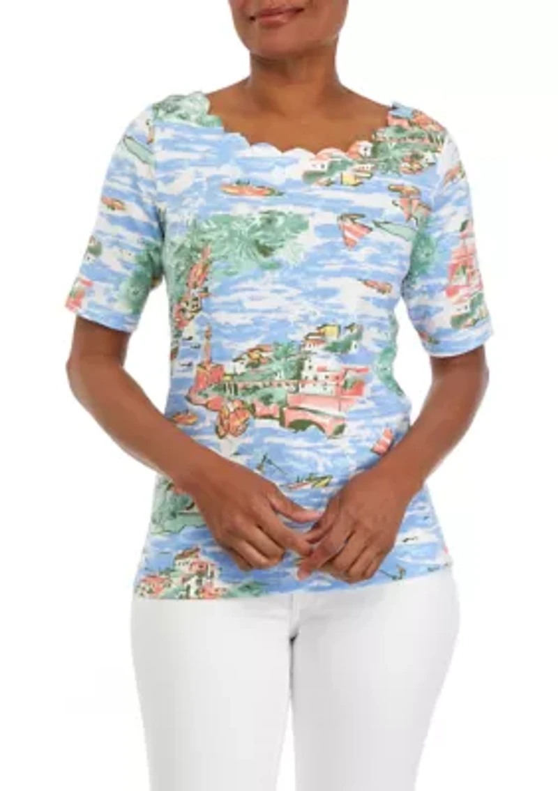 Petite Elbow Sleeve Printed Scallop Top