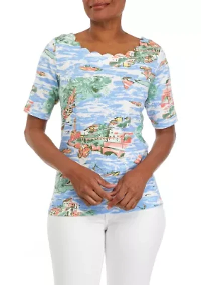 Petite Elbow Sleeve Printed Scallop Top