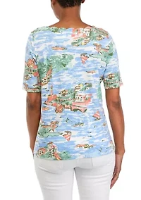 Petite Elbow Sleeve Printed Scallop Top