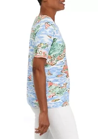 Petite Elbow Sleeve Printed Scallop Top