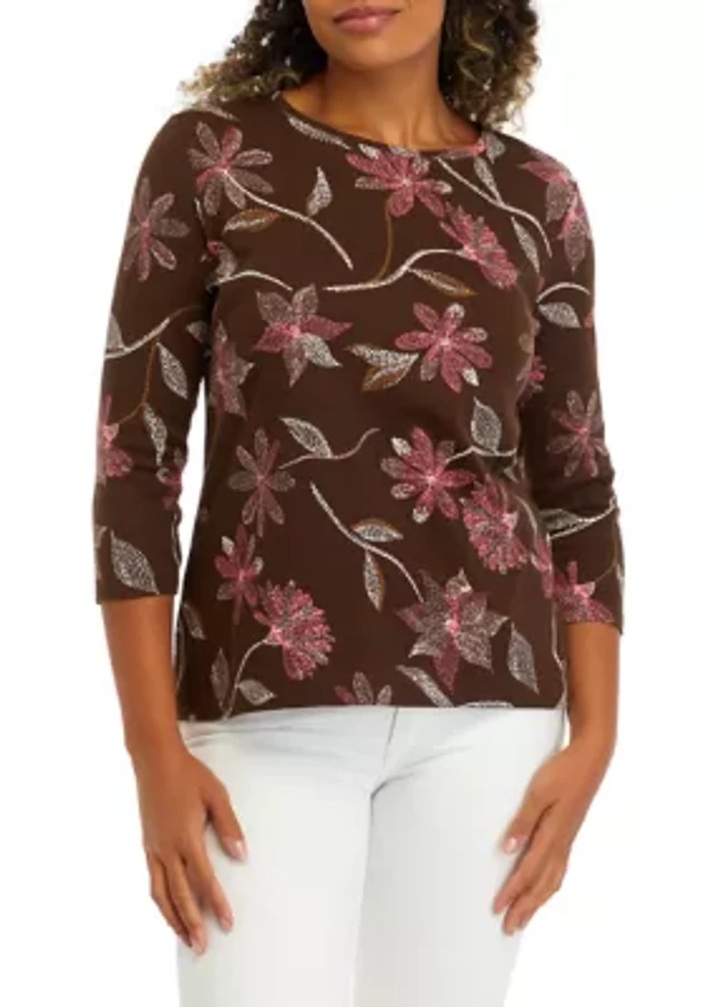 Petite 3/4 Sleeve Crew Neck Printed Top