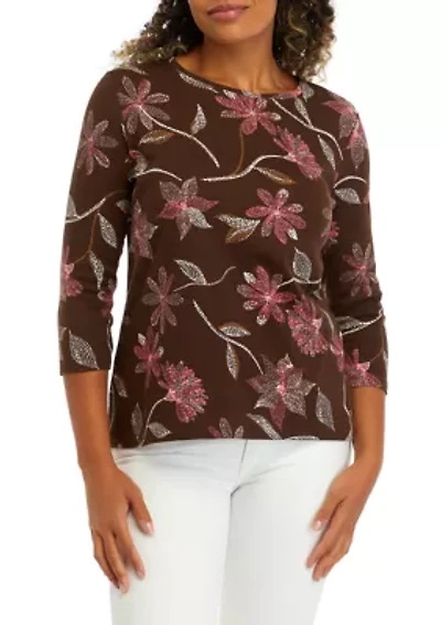 Petite 3/4 Sleeve Crew Neck Printed Top