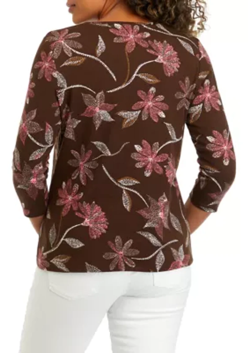 Petite 3/4 Sleeve Crew Neck Printed Top