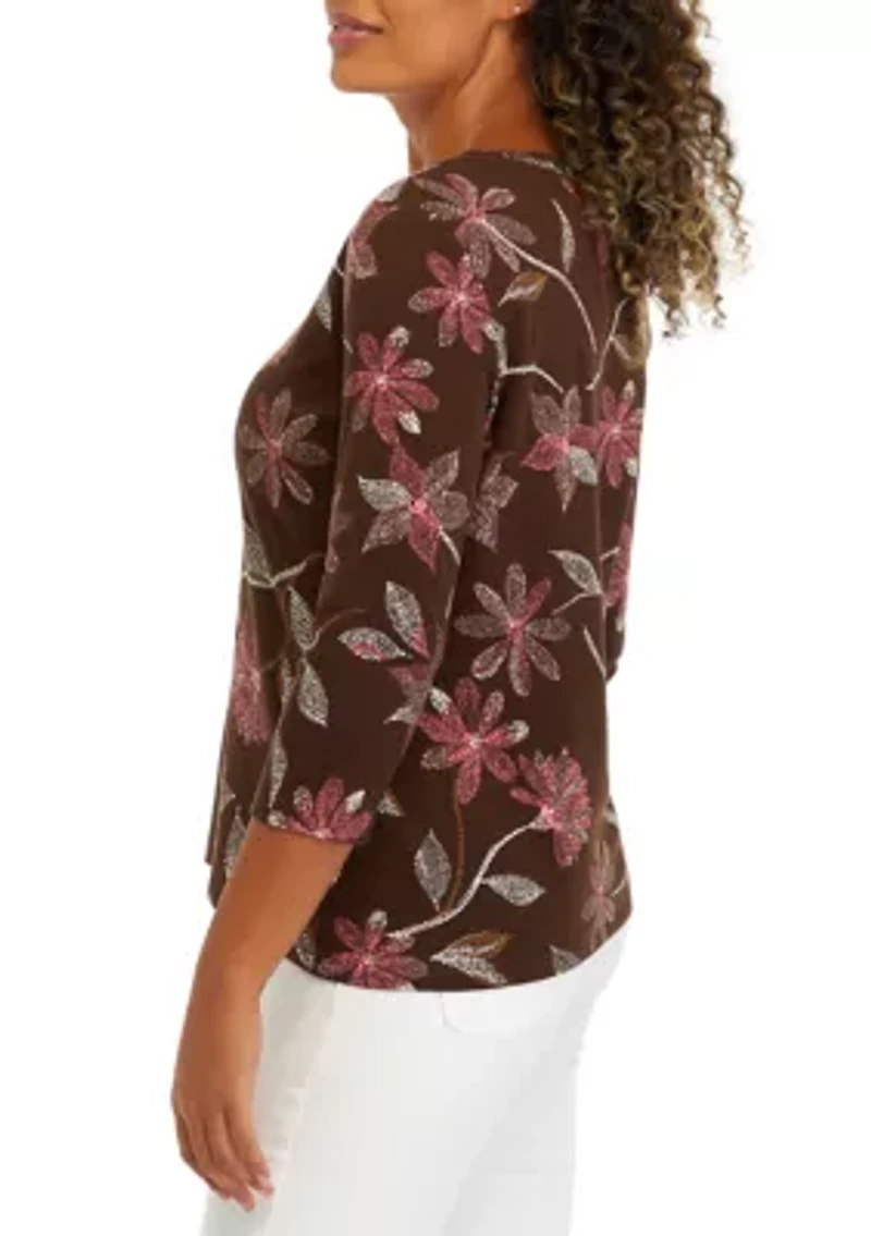 Petite 3/4 Sleeve Crew Neck Printed Top