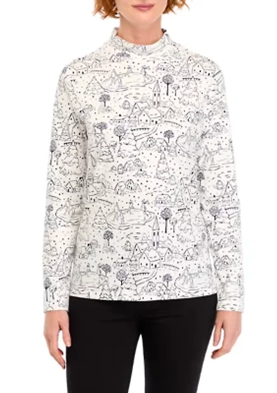 Petite Long Sleeve Mock Neck Polka Dot T-Shirt