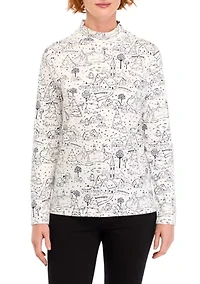 Petite Long Sleeve Mock Neck Polka Dot T-Shirt