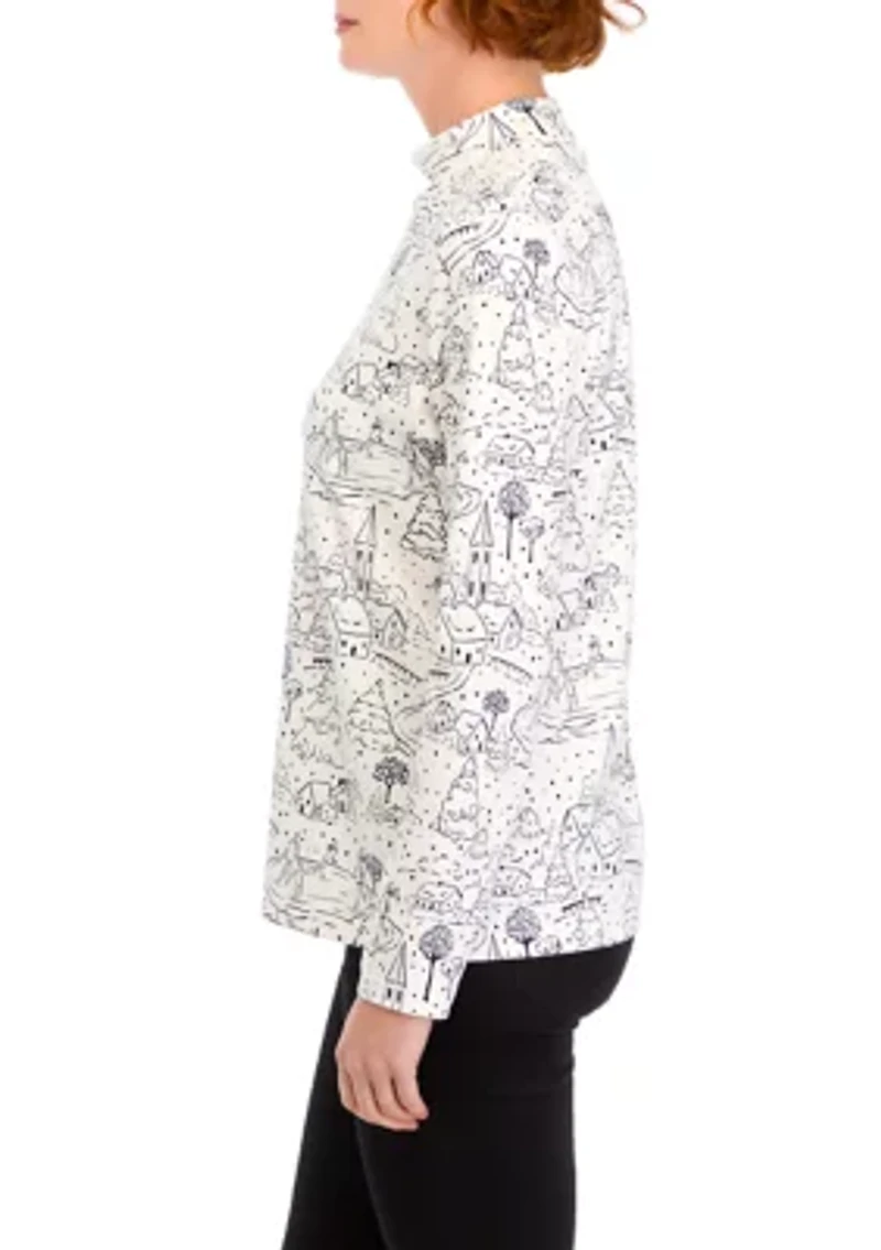 Petite Long Sleeve Mock Neck Polka Dot T-Shirt