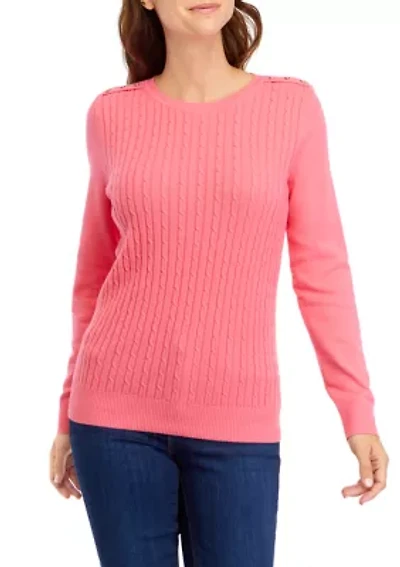 Petite Long Sleeve Cable Button Trim Sweater