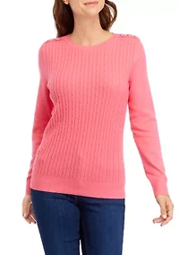 Petite Long Sleeve Cable Button Trim Sweater