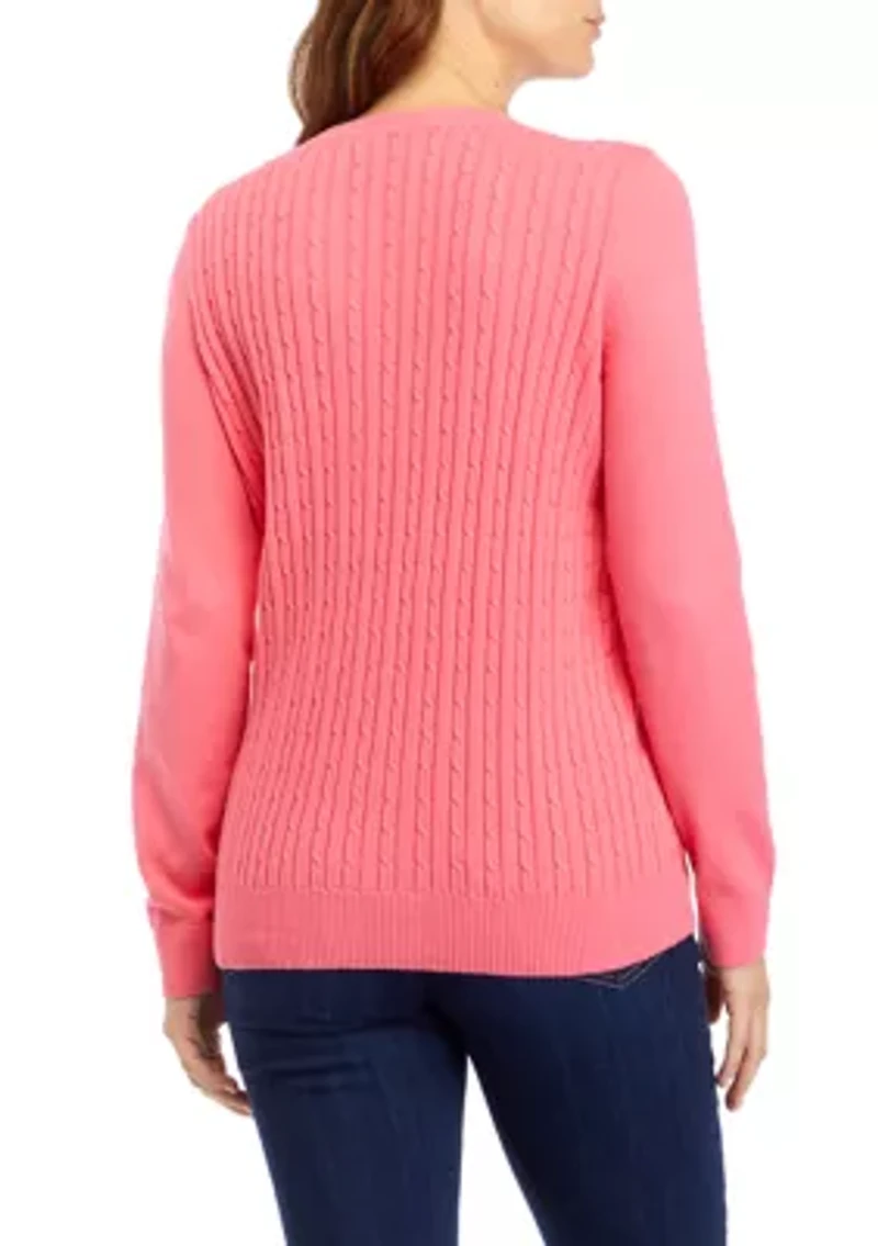 Petite Long Sleeve Cable Button Trim Sweater