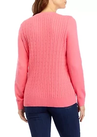 Petite Long Sleeve Cable Button Trim Sweater