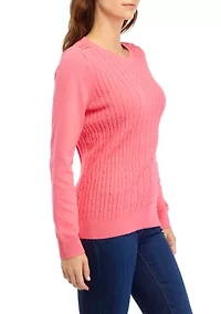 Petite Long Sleeve Cable Button Trim Sweater
