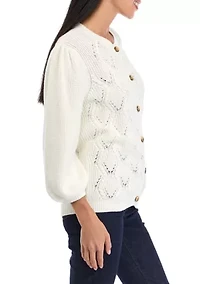Petite Puff Sleeve Button Front Cable Knit Cardigan