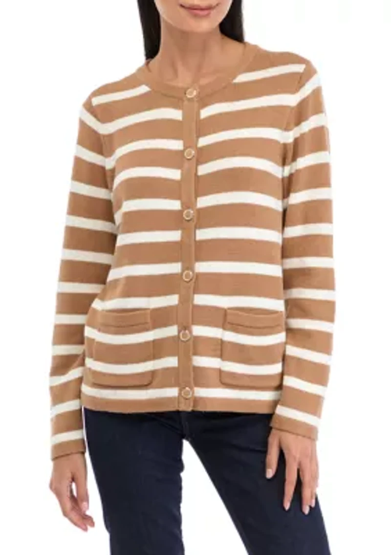 Petite Striped Button Up Cardigan