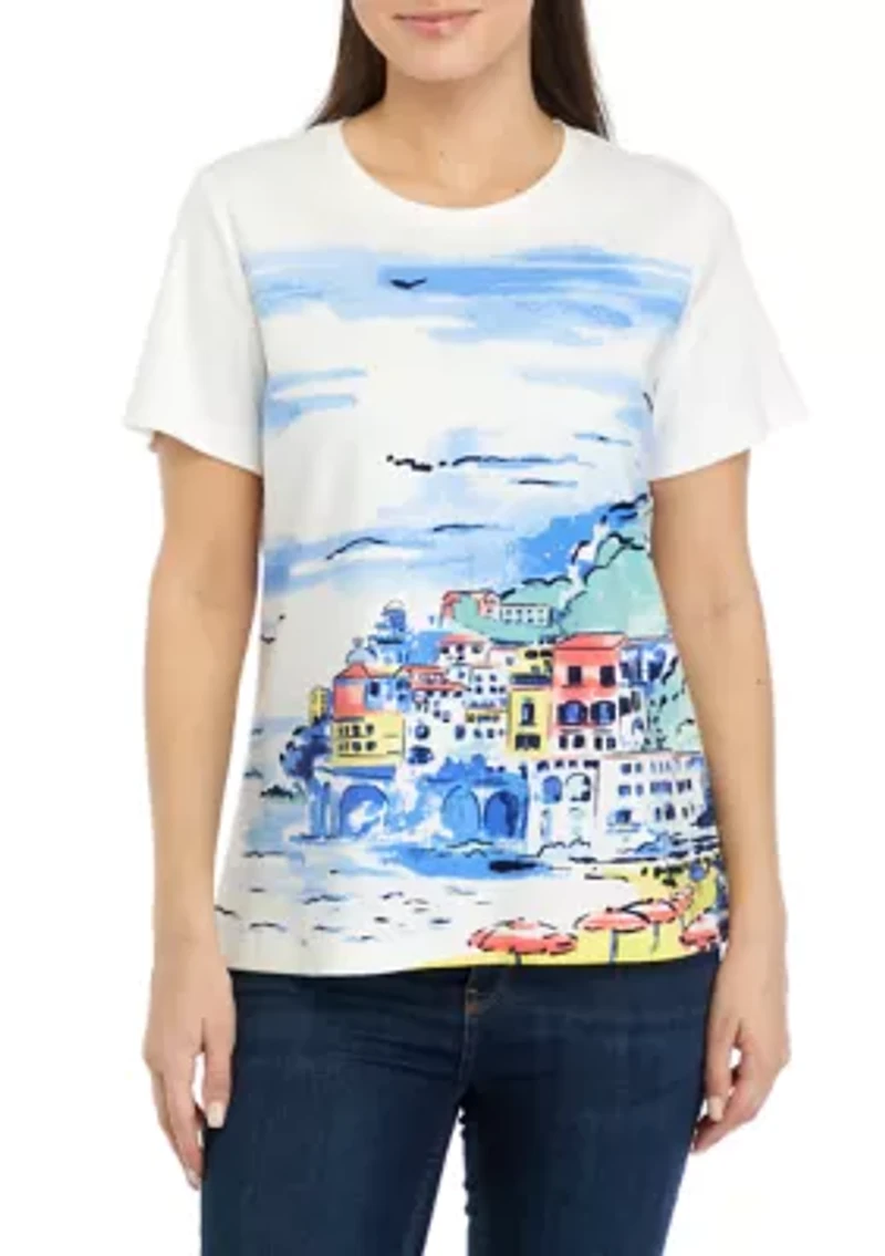 Petite Short Sleeve Crew Neck Scenic Print T-Shirt