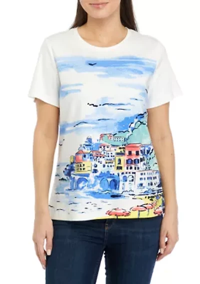 Petite Short Sleeve Crew Neck Scenic Print T-Shirt