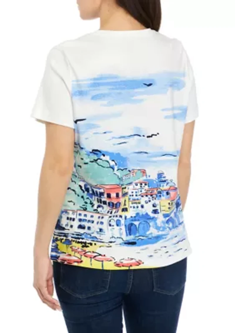 Petite Short Sleeve Crew Neck Scenic Print T-Shirt