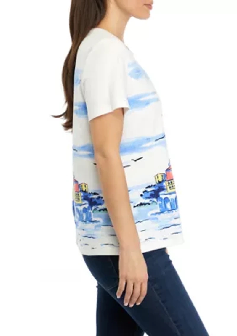 Petite Short Sleeve Crew Neck Scenic Print T-Shirt
