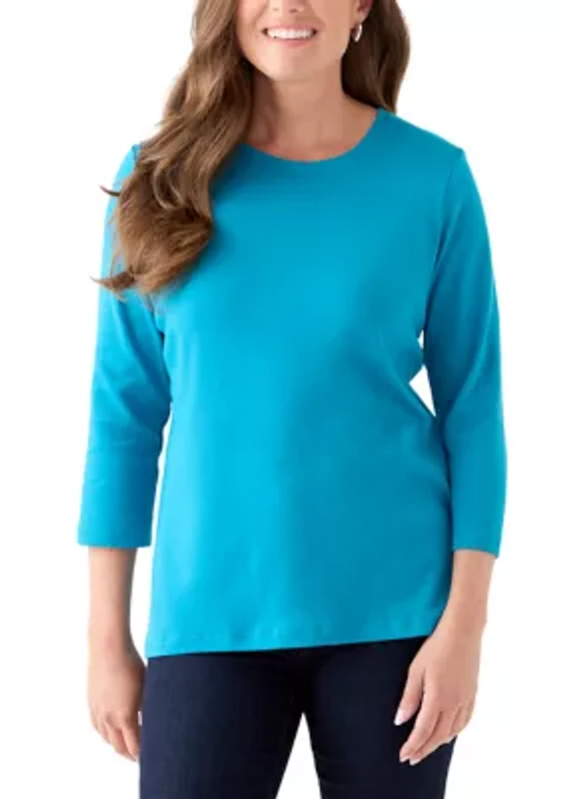 Petite Three-Quarter Crew Neck Fashion Solid T-Shirt