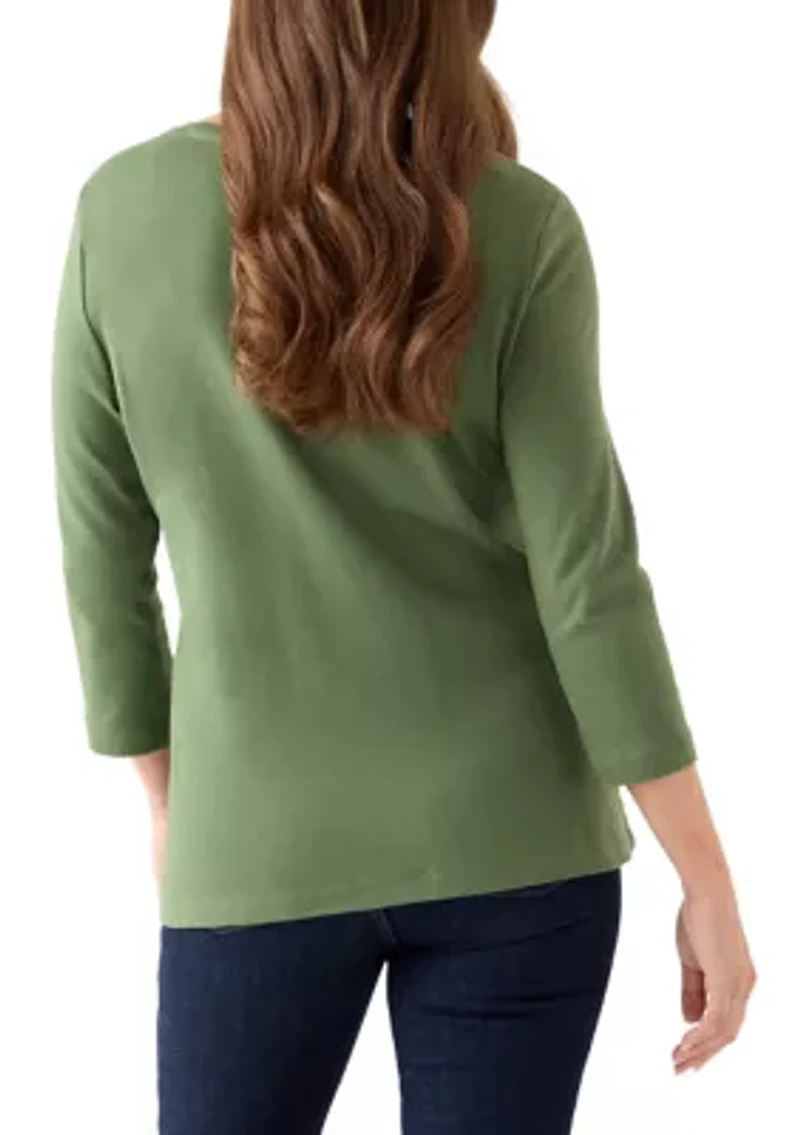 Petite Three-Quarter Crew Neck Fashion Solid T-Shirt