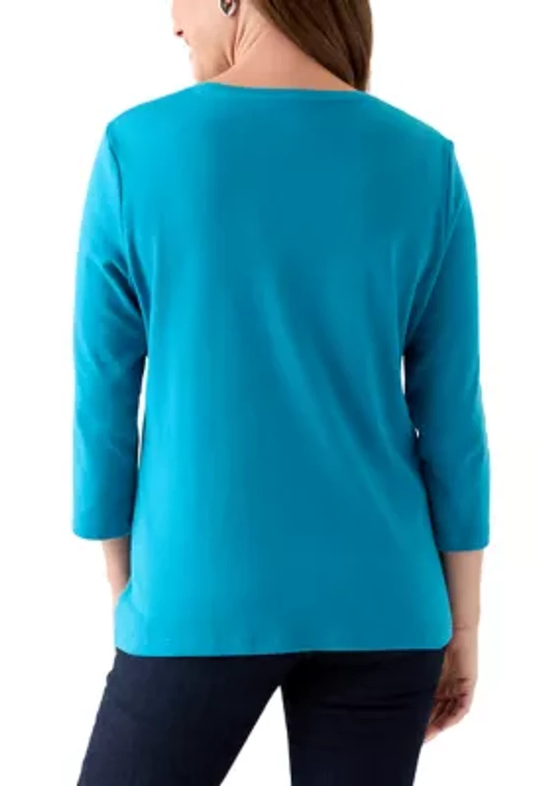 Petite Three-Quarter Crew Neck Fashion Solid T-Shirt