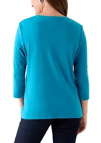 Petite Three-Quarter Crew Neck Fashion Solid T-Shirt