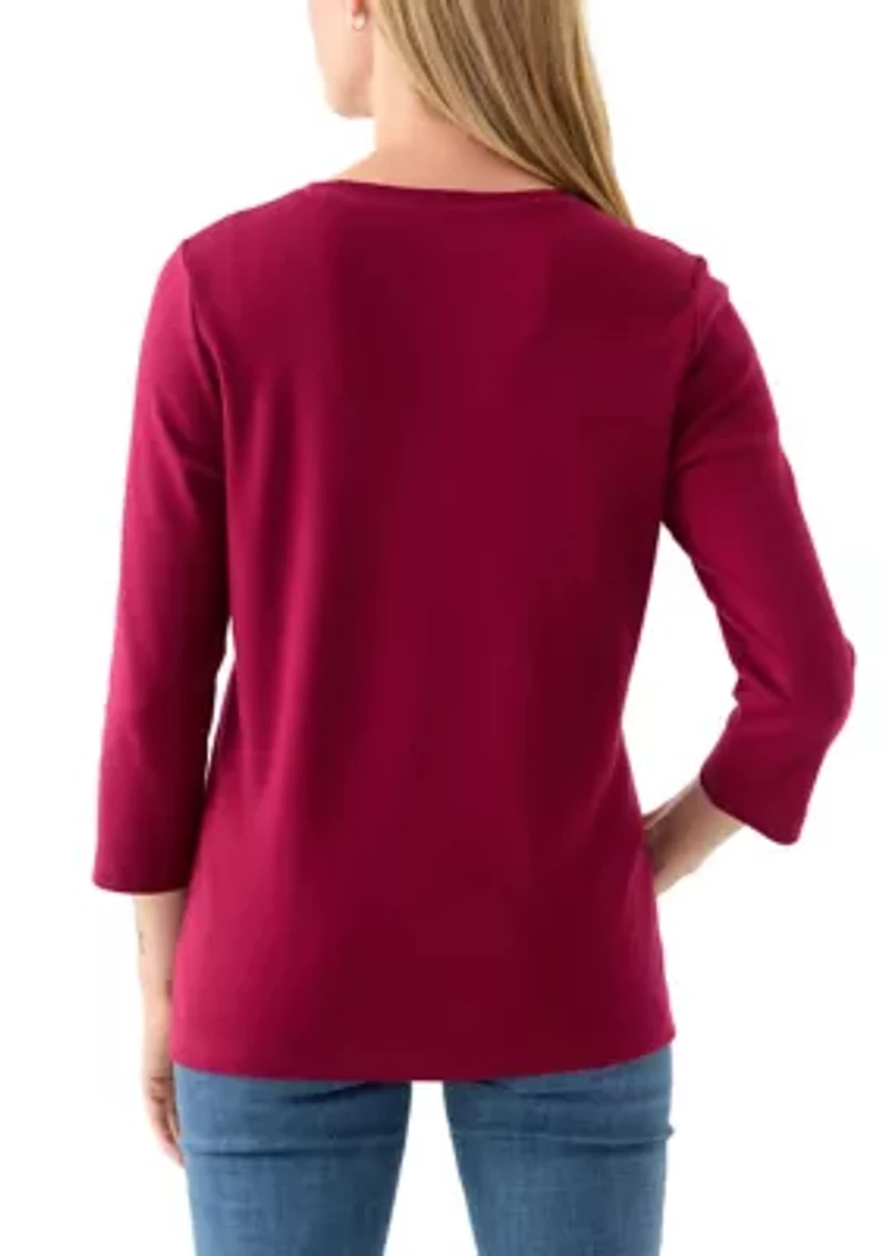 Petite Three-Quarter Crew Neck Fashion Solid T-Shirt