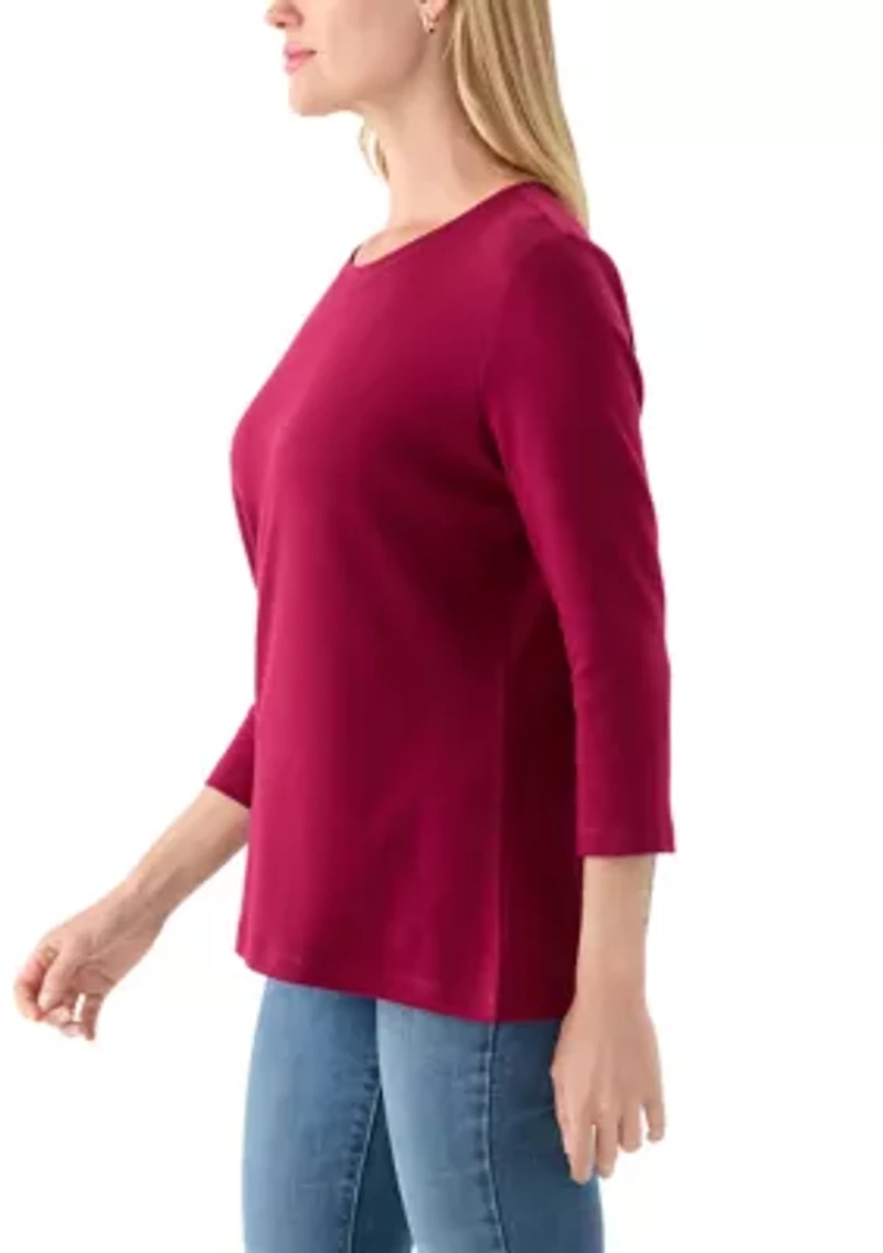 Petite Three-Quarter Crew Neck Fashion Solid T-Shirt