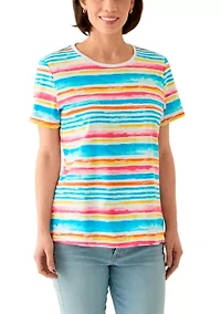 Petite Short Sleeve Crew Neck Stripe Print T-Shirt