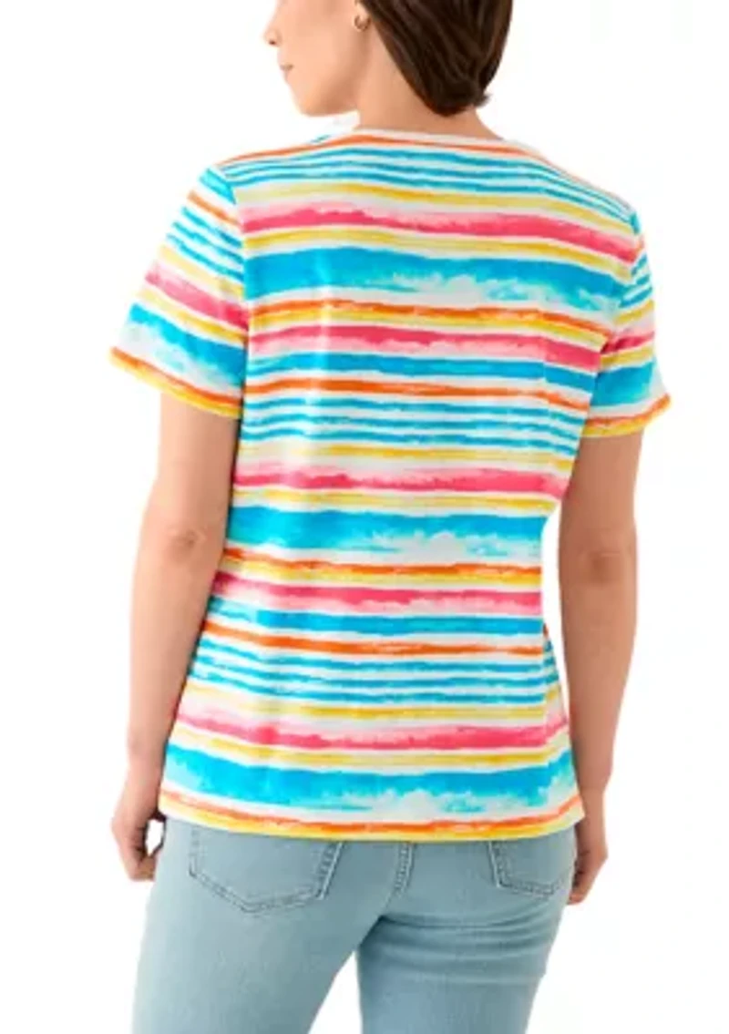 Petite Short Sleeve Crew Neck Stripe Print T-Shirt