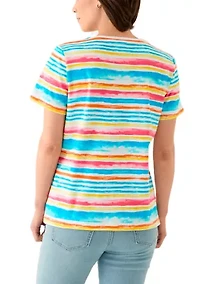 Petite Short Sleeve Crew Neck Stripe Print T-Shirt