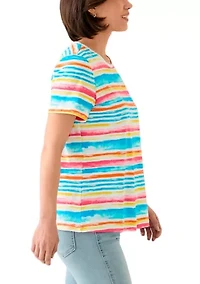 Petite Short Sleeve Crew Neck Stripe Print T-Shirt