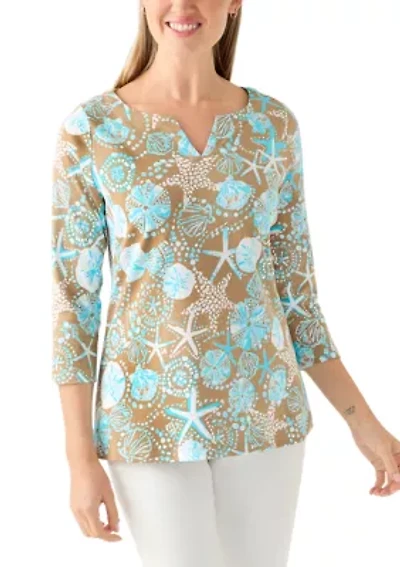 Petite 3/4 Sleeve Split Neck Allover Print Top