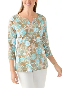 Petite 3/4 Sleeve Split Neck Allover Print Top