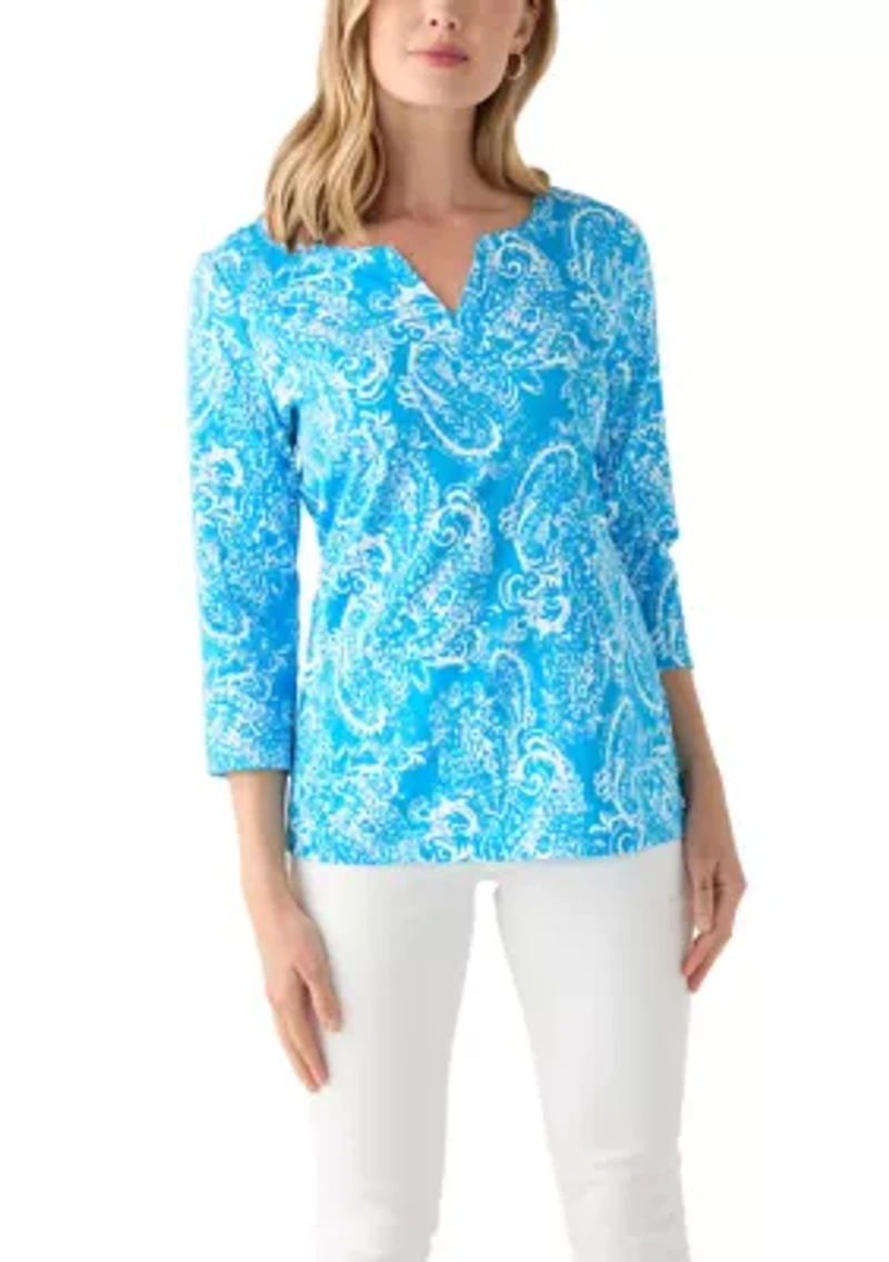 Petite 3/4 Sleeve Split Neck Allover Print Top