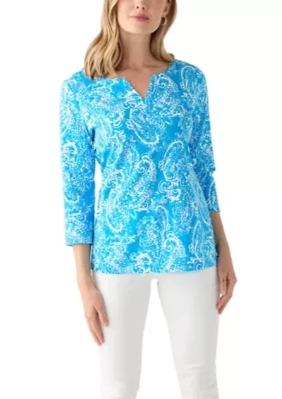 Petite 3/4 Sleeve Split Neck Allover Print Top