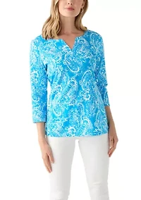 Petite 3/4 Sleeve Split Neck Allover Print Top