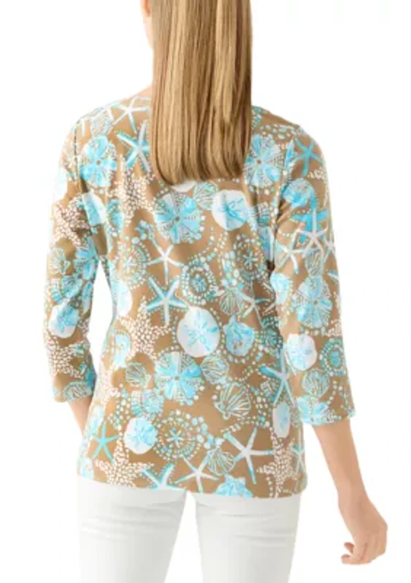 Petite 3/4 Sleeve Split Neck Allover Print Top