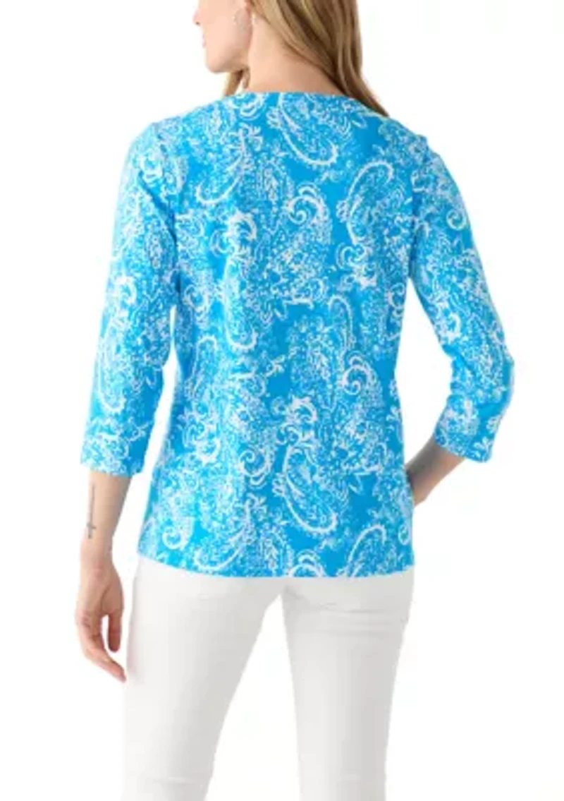 Petite 3/4 Sleeve Split Neck Allover Print Top