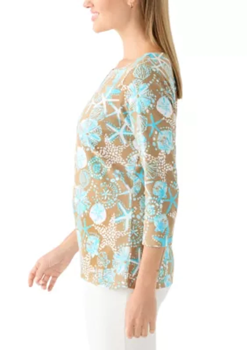 Petite 3/4 Sleeve Split Neck Allover Print Top