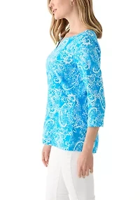 Petite 3/4 Sleeve Split Neck Allover Print Top
