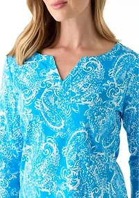 Petite 3/4 Sleeve Split Neck Allover Print Top